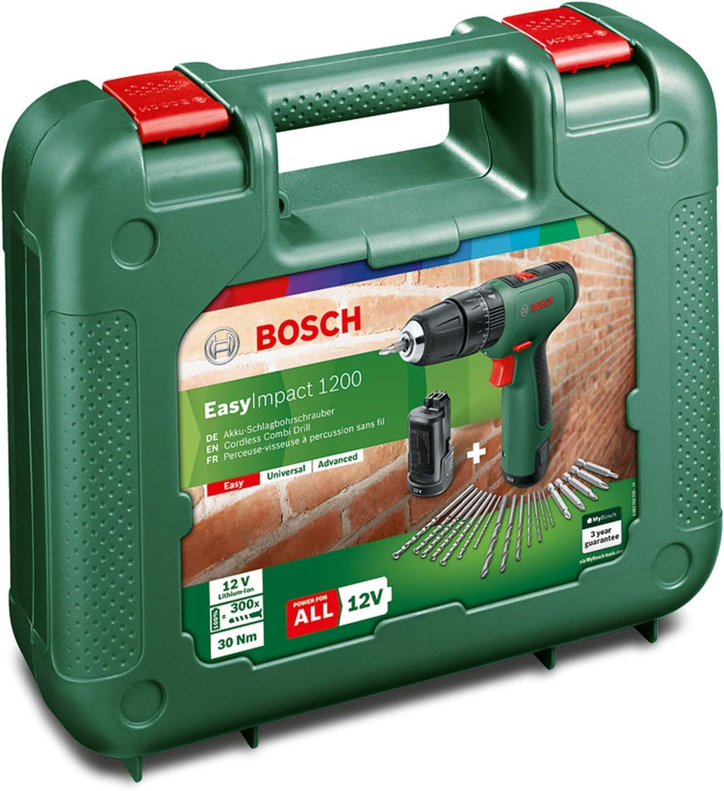 Bosch Cordless Hammer Drill EasyImpact 1200 (2X Batteries, 12 Volt System, 19 Accessories, in Carrying case)