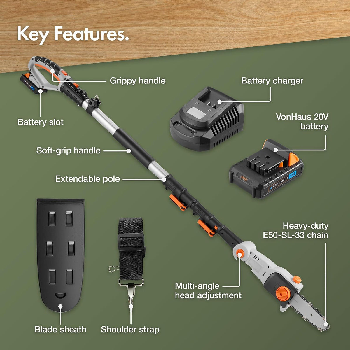 VonHaus Pole Chainsaw Cordless 20V – w/Battery & Charger, G-Series