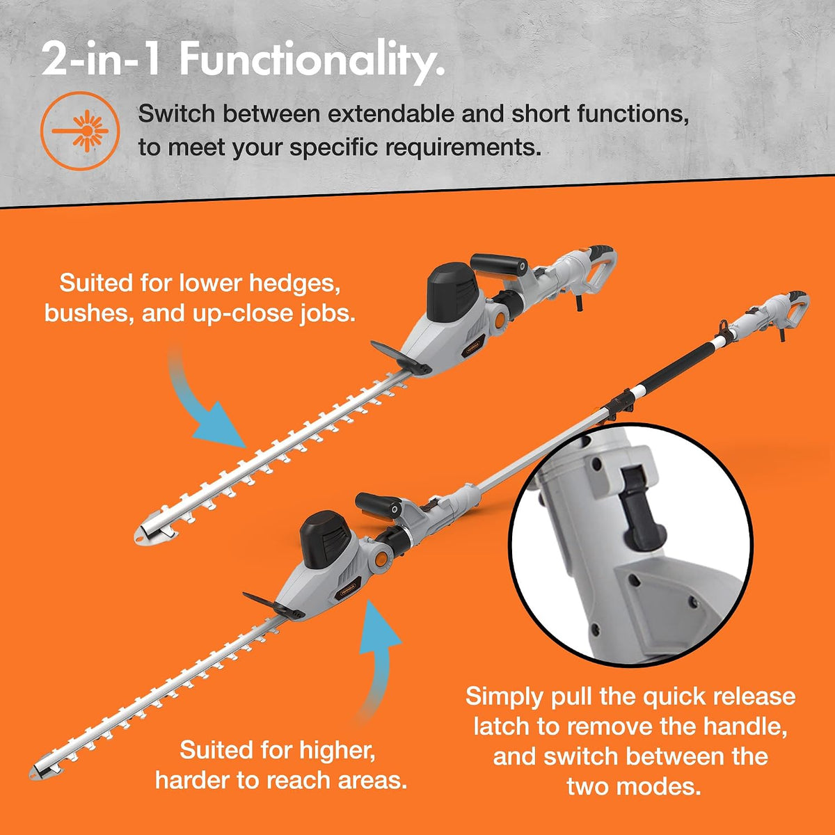 VonHaus Pole Hedge Trimmer Corded 600W – 10m Cable, Blade Cover, 45cm Blade