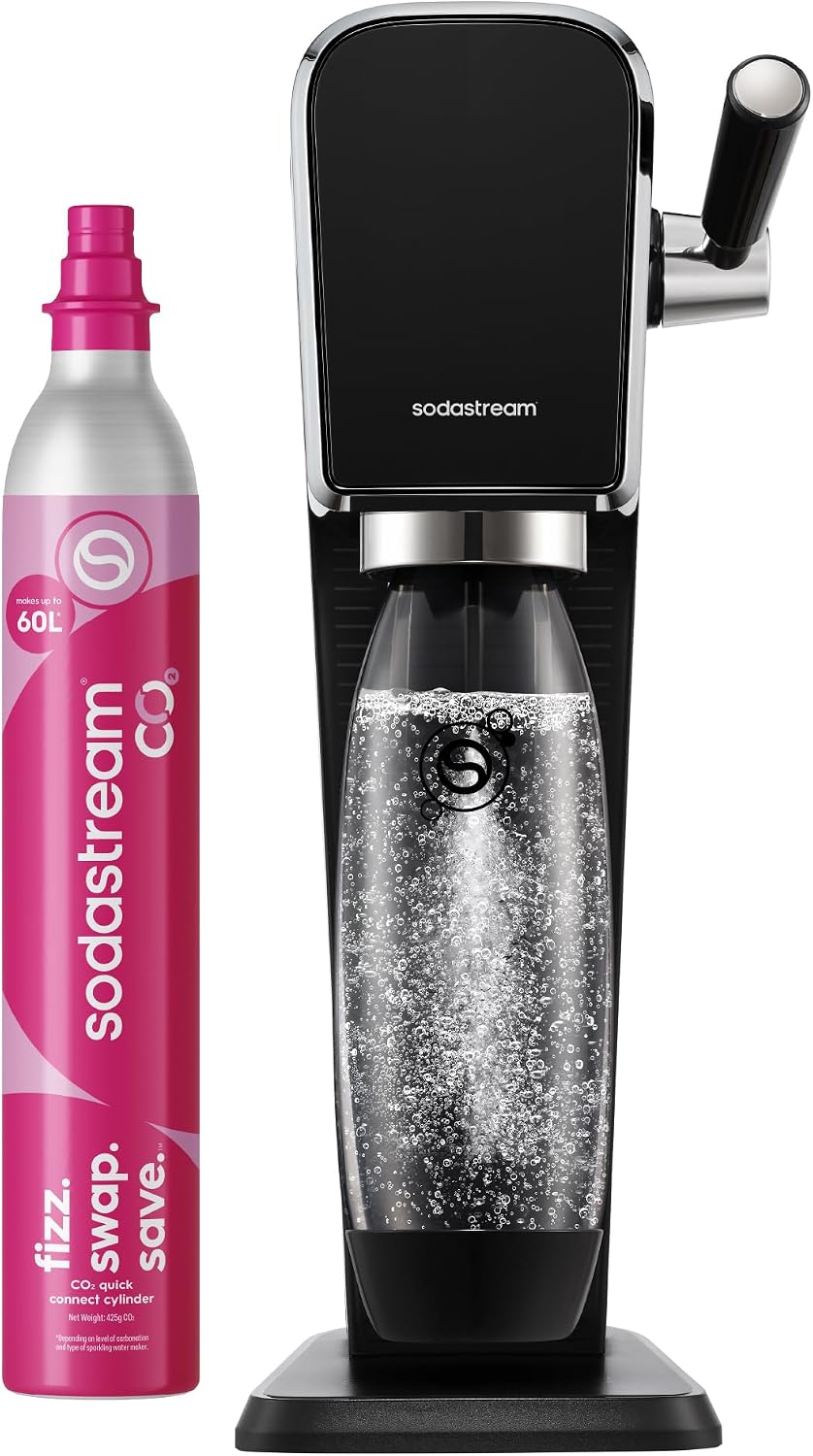 SodaStream ART Sparkling Water Maker, Soda Maker Starter Kit, Includes 1 Quick Connect 60L CO2 Gas Cylinder and 1 Dishwasher Safe BPA Free Bottle, Make your own Pepsi, Black