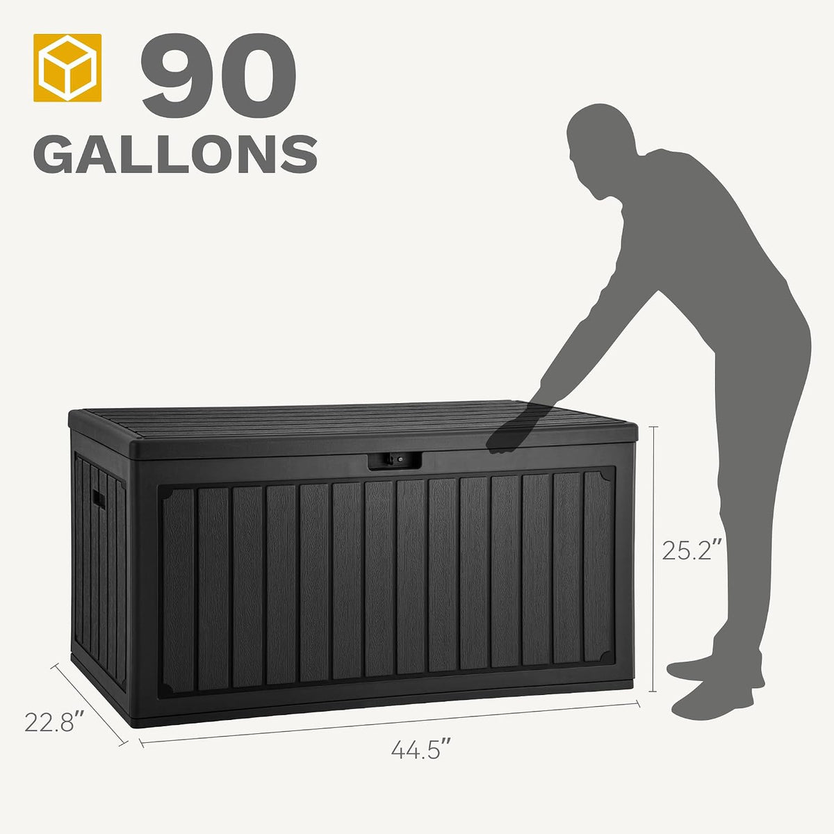 DWVO 340L Resin Outdoor Storage Box, Double-Wall Waterproof Deck Box with Wood Texture, Lockable Garden Storage that Doubles as Table or Bench (450 lbs Capacity)–Black