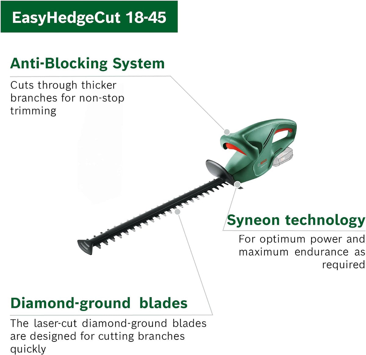 Bosch Cordless Hedge Cutter EasyHedgeCut 18-45 (Without Battery, 18 Volt System, Blade Length 45 cm, in Carton Packaging)