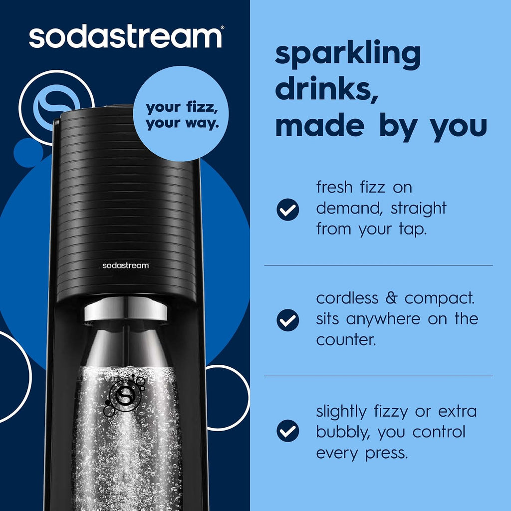 SodaStream TERRA Sparkling Water Maker, Soda Stream Machine Starter Kit with 1 CO2 Quick Connect 60L Gas Cylinder and 1 Reusable BPA Free Bottle, Make Pepsi at Home, Black