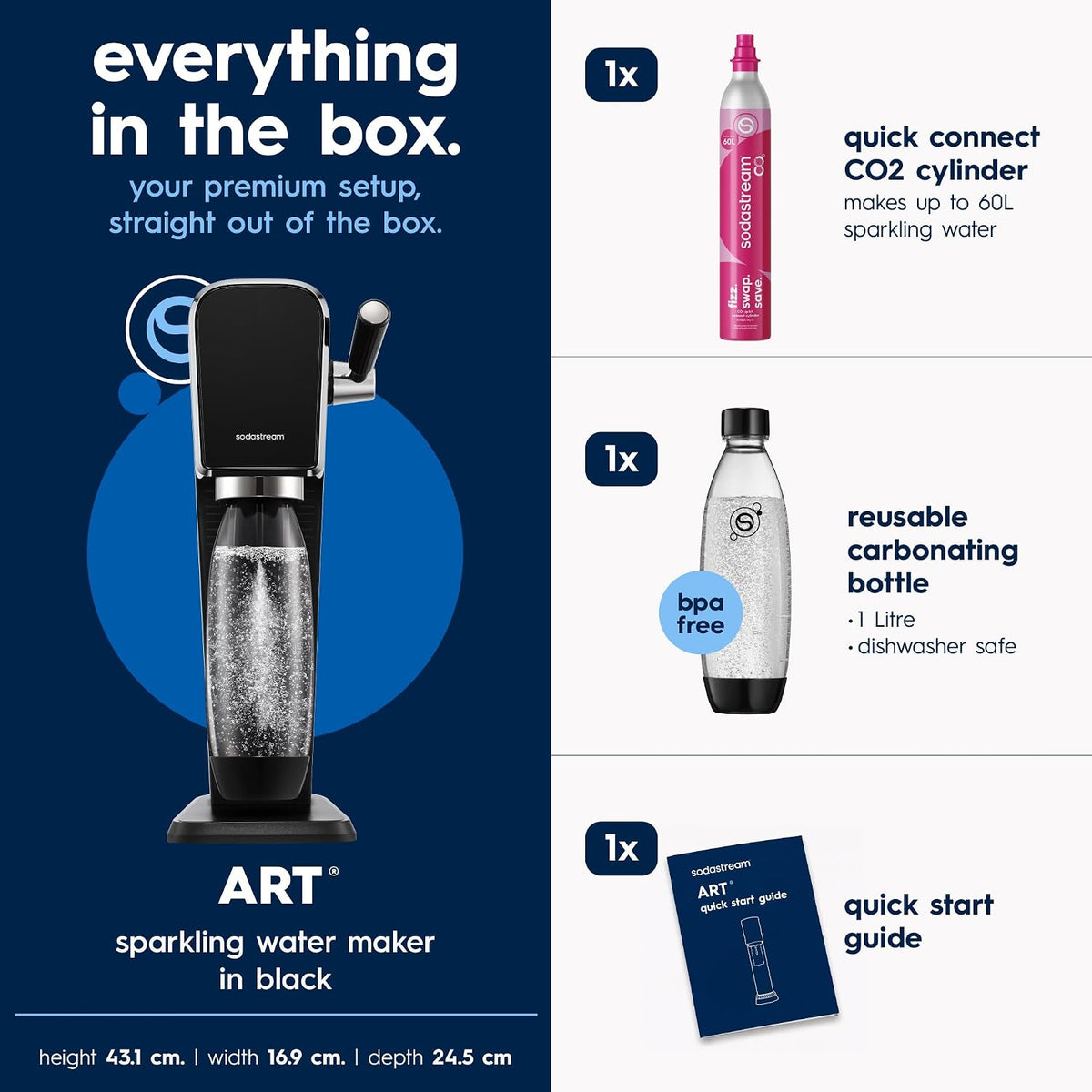 SodaStream ART Sparkling Water Maker, Soda Maker Starter Kit, Includes 1 Quick Connect 60L CO2 Gas Cylinder and 1 Dishwasher Safe BPA Free Bottle, Make your own Pepsi, Black