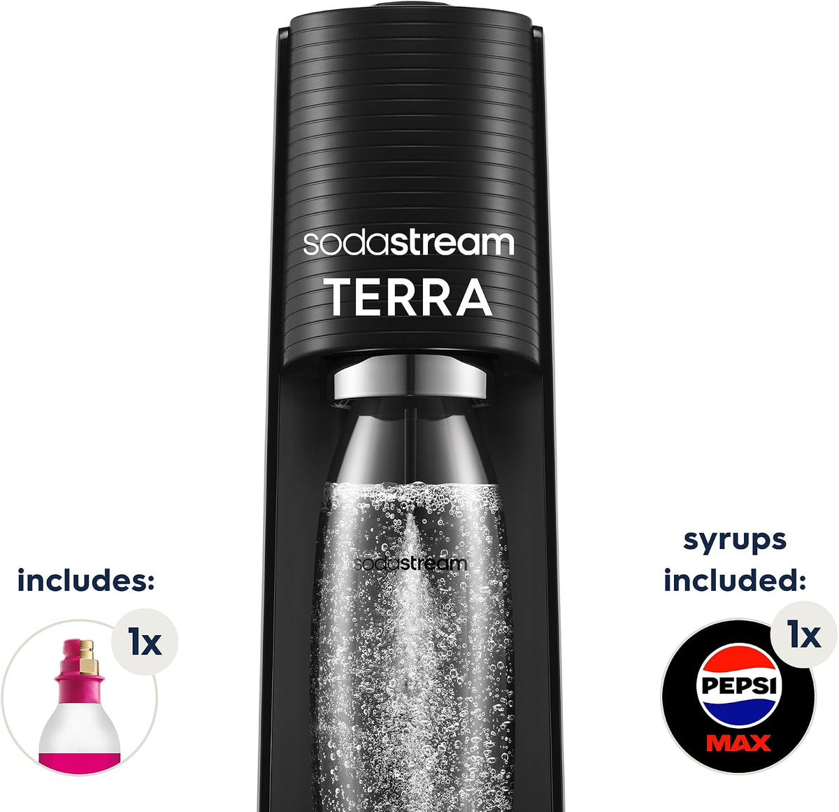 SodaStream - Terra Sparkling Water Maker starter bundle, Quick Connect CO2 System, Includes 60L Gas Cylinder, 1 x 440ml Pepsi Max, BPA-Free 1L Bottle, Eco-Friendly & Reduces Plastic Waste, Black