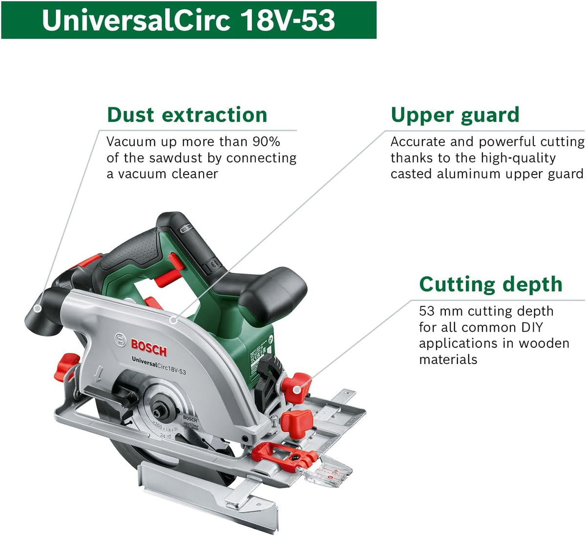 Bosch Cordless Circular Saw UniversalCirc 18V-53 (Precise Sawing in Any Wooden Material; Max. Cutting Depth 53 mm; 2-Piece Guide Rail Set; 18 Volt System; Without Battery) – Amazon Edition