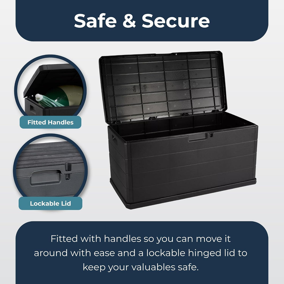 Large Garden Storage Box with Lid - 340L Lockable Plastic Outdoor Storage for Parcels, Cushions, Tools, Logs and More - Grey, Water-Resistant Deck Box for Garden or Garage
