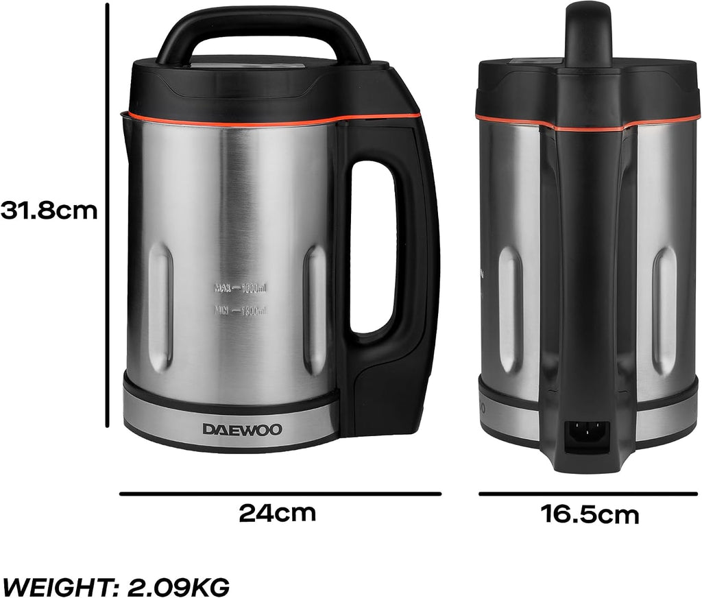 Daewoo 2-in-1 Soup Maker & Smoothie Blender – 1.6l Compact Design, Auto Stir & Overspill Spout – Makes up to 6 Portions of Fresh Soup, Juices & Shakes – Easy Clean