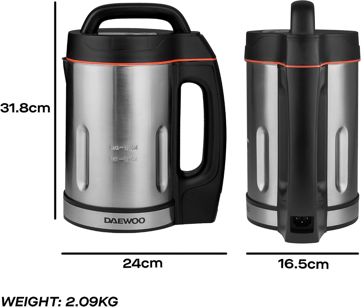 Daewoo 2-in-1 Soup Maker & Smoothie Blender – 1.6l Compact Design, Auto Stir & Overspill Spout – Makes up to 6 Portions of Fresh Soup, Juices & Shakes – Easy Clean
