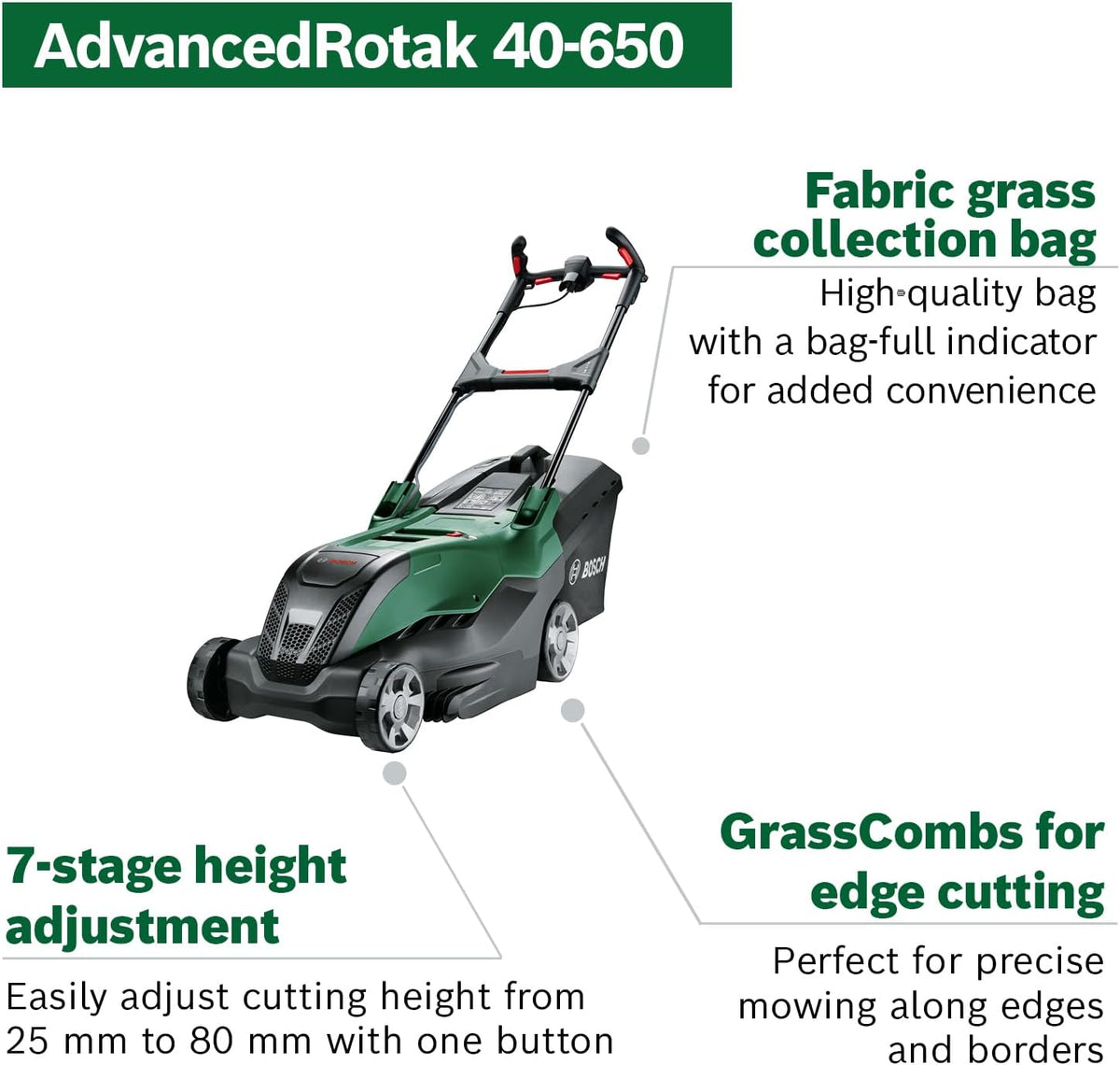 Bosch Corded Powerful Mower AdvancedRotak 40-650 (for Mowing Your Lawn; 1700W Motor Power; Cutting Width: 40 cm)