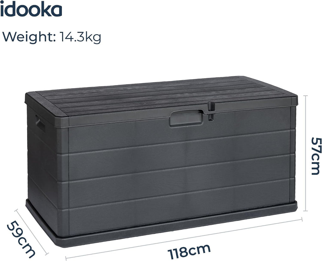 Large Garden Storage Box with Lid - 340L Lockable Plastic Outdoor Storage for Parcels, Cushions, Tools, Logs and More - Grey, Water-Resistant Deck Box for Garden or Garage