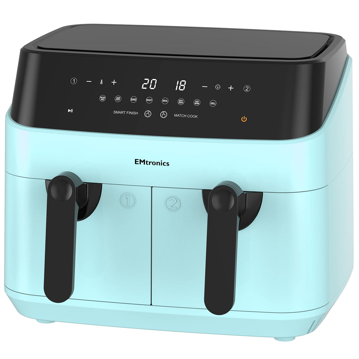 EMtronics EMAFDD9LSL Dual Air Fryer Extra Large Family Size Double XL 9 Litre with 8 Pre-Set Menus for Oil Free & Low Fat Healthy Cooking, Easy Clean Metal Interior, 99-Minute Timer - Stainless Steel