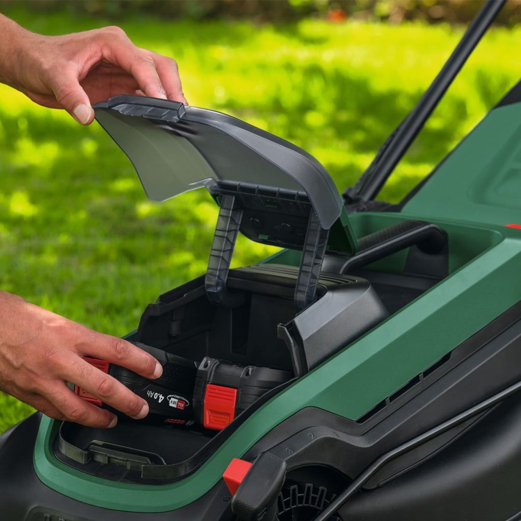 Bosch Cordless Lawn Mower ROTAK18V2-38 (Cutting Width: 38 cm, Height of Cut: 30-75 mm, 40 l Fabric Grass Bag, Mulch Plug, Without Battery)