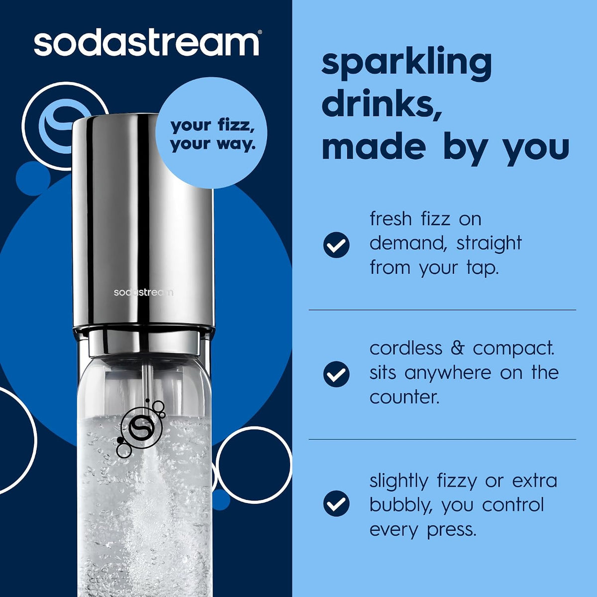 SodaStream ENSO Sparkling Water Maker, Premium Metallic Finish Soda Maker, Quick Connect CO2 System, 1 60L Gas Cylinder and 1 Dishwasher Safe BPA Free Bottle, Fizzy Water at Home, Silver