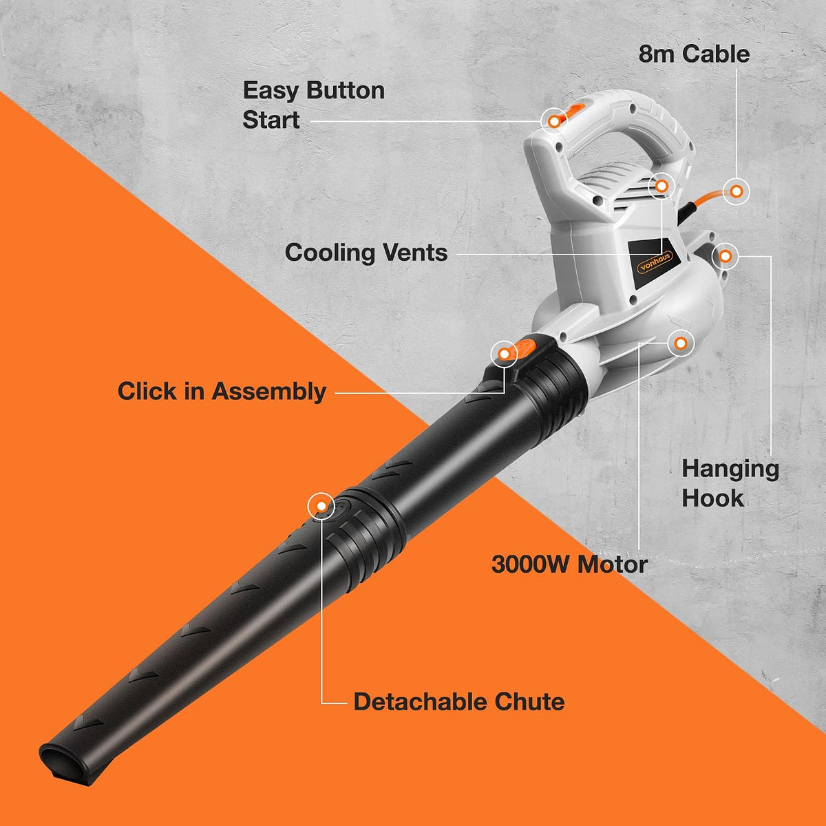 VonHaus Leaf Blower Corded 3000W – 8m Cable, Detachable Chute, 2 Speeds