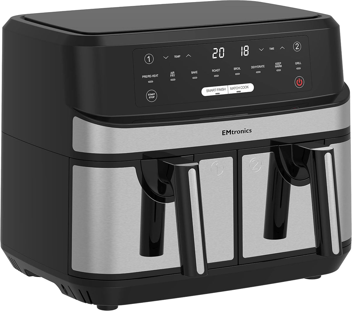 EMtronics EMAFDD9LSL Dual Air Fryer Extra Large Family Size Double XL 9 Litre with 8 Pre-Set Menus for Oil Free & Low Fat Healthy Cooking, Easy Clean Metal Interior, 99-Minute Timer - Stainless Steel