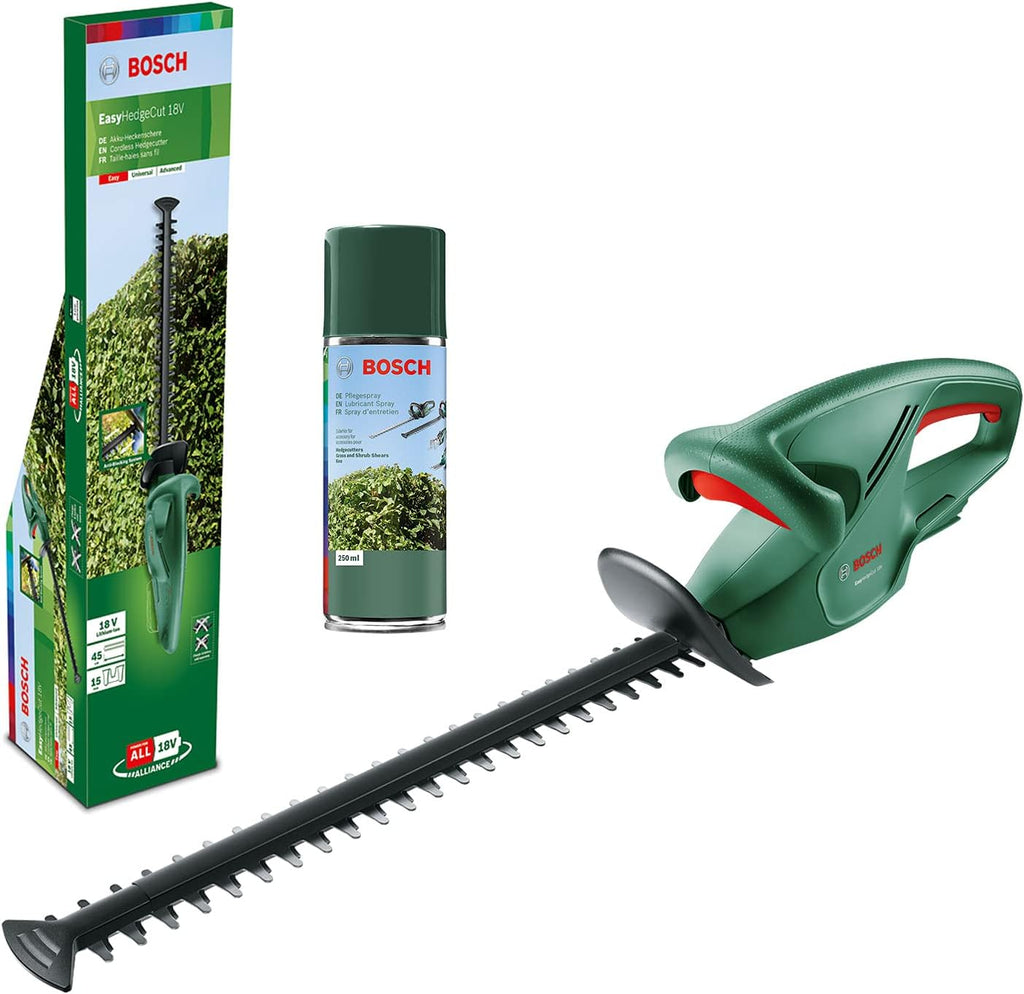 Bosch Cordless Hedge Cutter EasyHedgeCut 18-45 (Without Battery, 18 Volt System, Blade Length 45 cm, Lubricant Spray for Hedge Cutters 250 ml Included, in Carton Packaging) – Amazon Edition