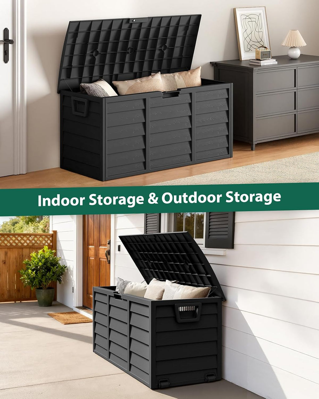 The Fellie Garden Storage Box with Wheels, 290L Lockable Garden Storage Boxes Waterproof, Plastic Outside Storage Box for Gardening Tools, Cushions, Toys, 112x49x54cm, Black