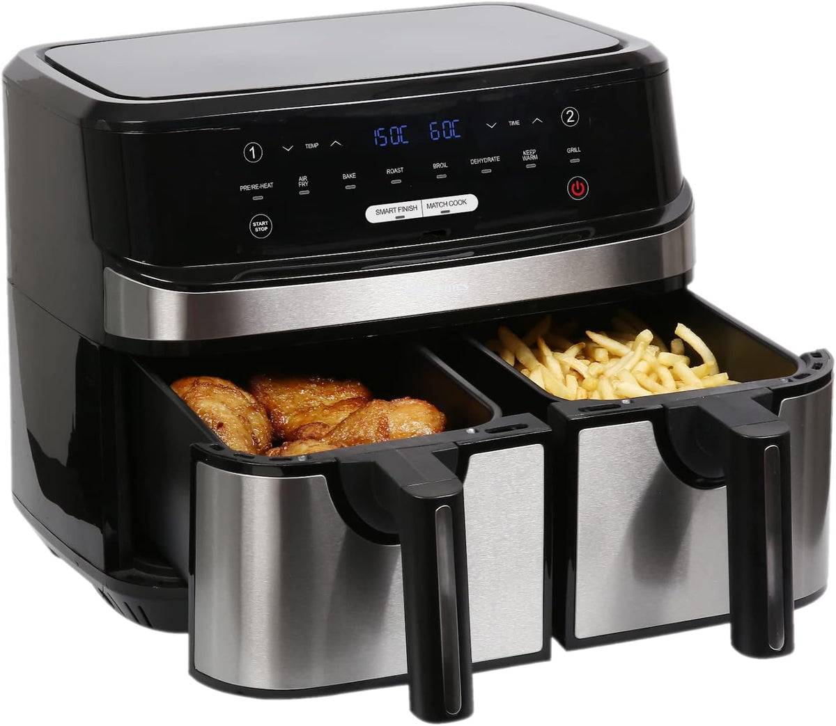 EMtronics EMAFDD9LSL Dual Air Fryer Extra Large Family Size Double XL 9 Litre with 8 Pre-Set Menus for Oil Free & Low Fat Healthy Cooking, Easy Clean Metal Interior, 99-Minute Timer - Stainless Steel