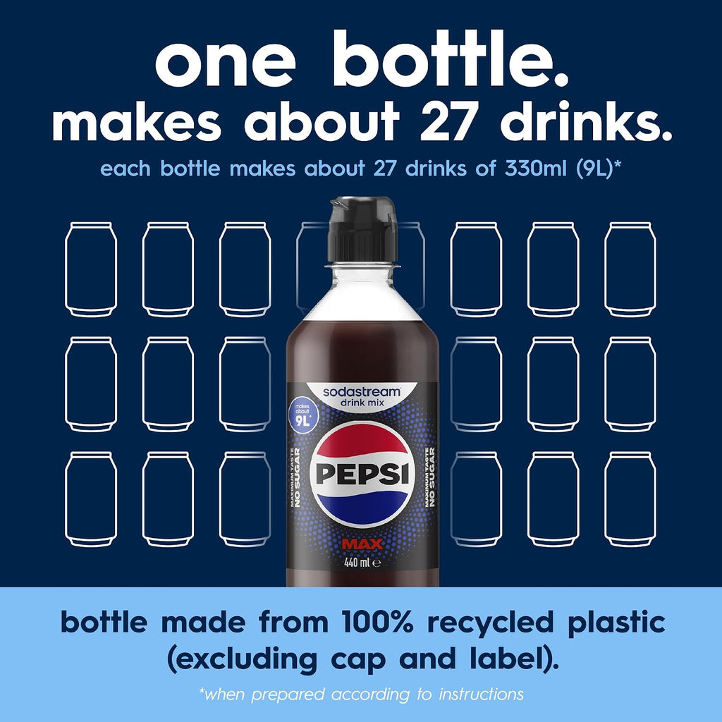 SodaStream Pepsi MAX Drink Mix, 6 Pack Sugar Free Cola Syrup for Sparkling Water Makers, Zero Calorie, Max Taste No Sugar, Soda Stream Flavours, Makes 54L, 6 x 440ml