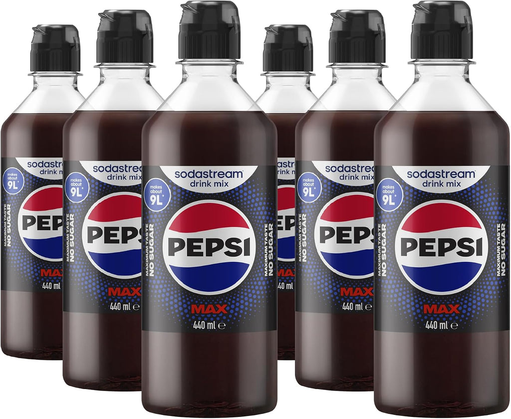 SodaStream Pepsi MAX Drink Mix, 6 Pack Sugar Free Cola Syrup for Sparkling Water Makers, Zero Calorie, Max Taste No Sugar, Soda Stream Flavours, Makes 54L, 6 x 440ml
