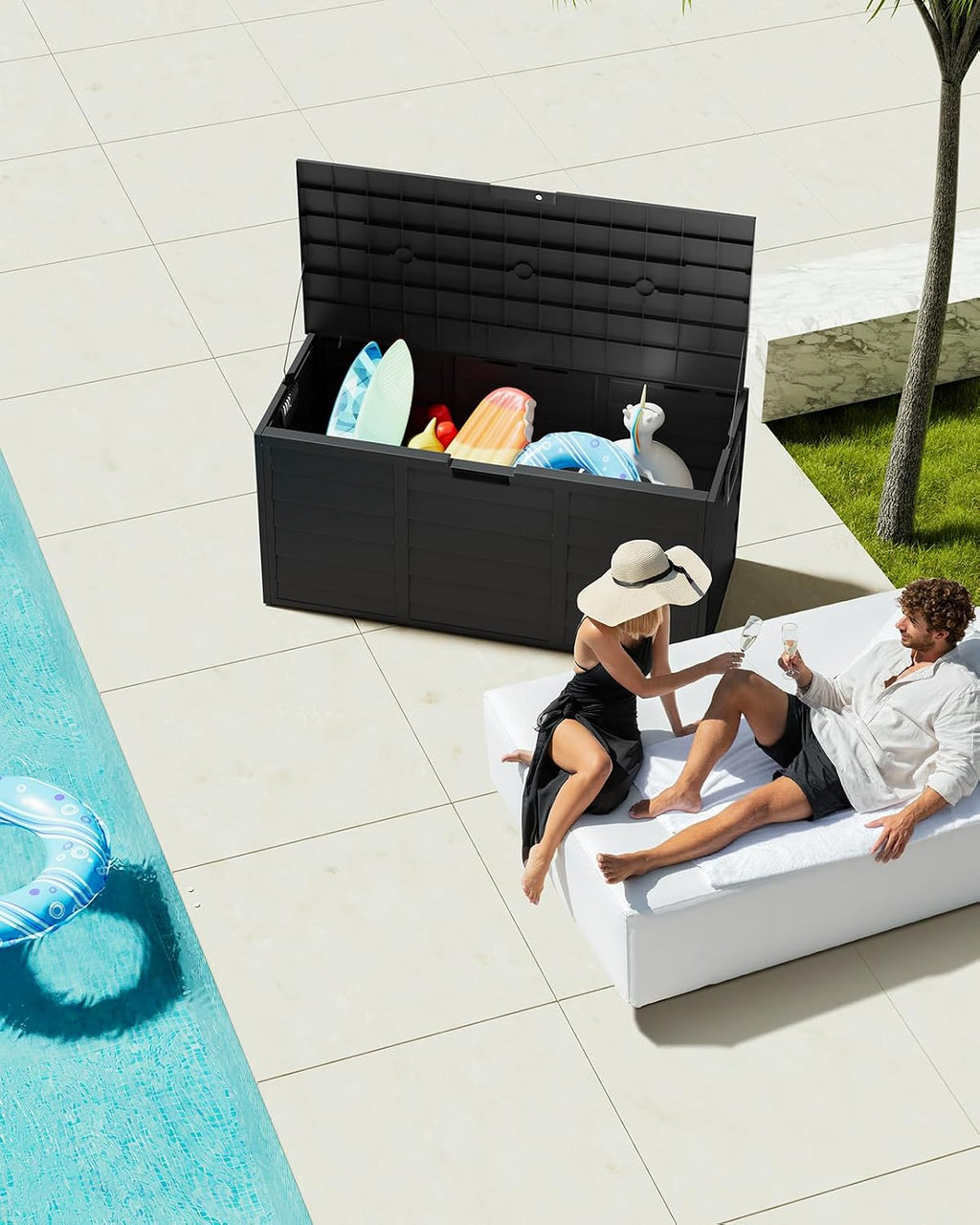 The Fellie Garden Storage Box with Wheels, 290L Lockable Garden Storage Boxes Waterproof, Plastic Outside Storage Box for Gardening Tools, Cushions, Toys, 112x49x54cm, Black