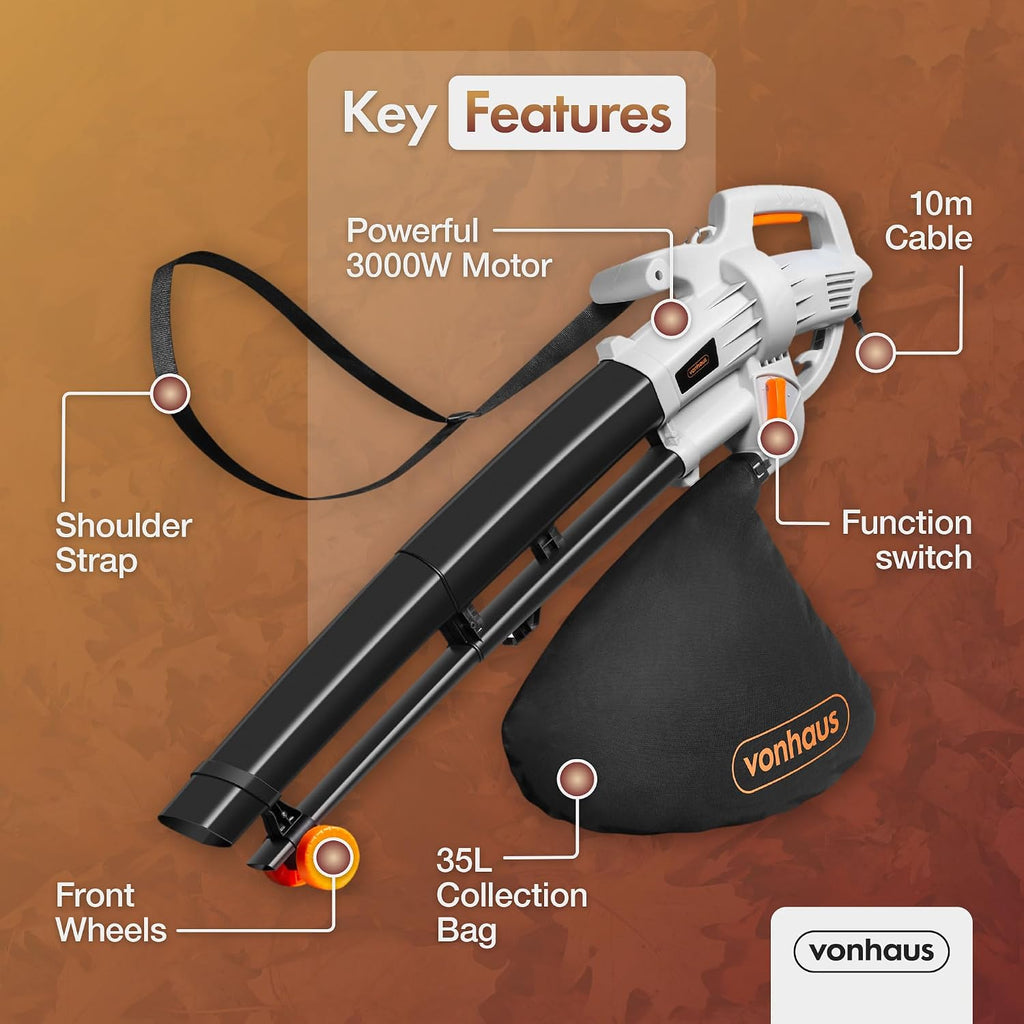 VonHaus Leaf Blower and Vacuum Corded 3000W – 35L Bag, 10m Cable, Wheels