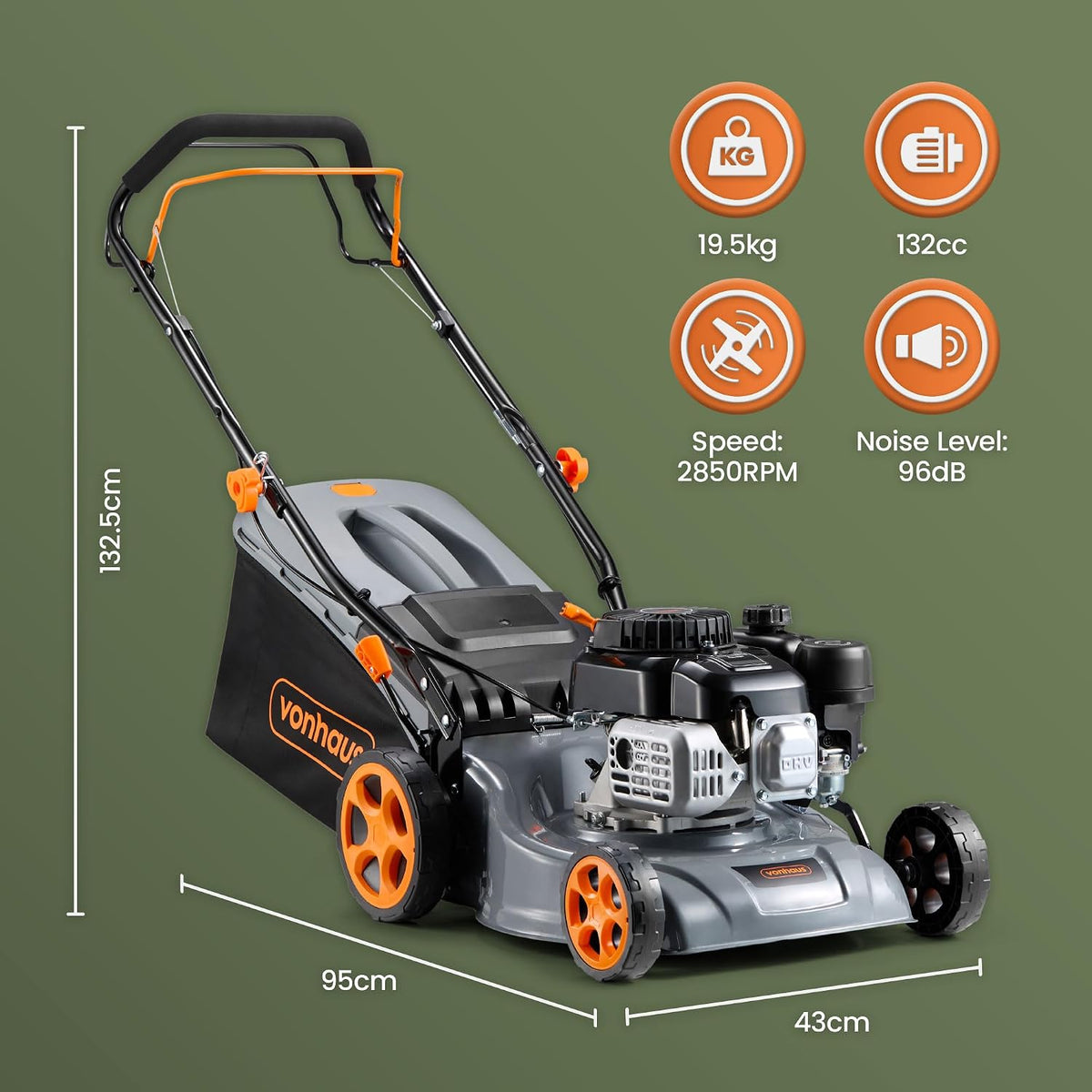 VonHaus Petrol Lawnmower 132cc – 40L Box, Self Propelled