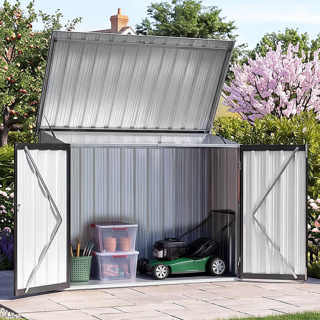 Aoxun 4.7x2.9ft(Overall Dimensions) Metal Garden Shed, Openable Front & Top Doors, Outdoor Galvanized Tool Storage Shed, Sheds and Outdoor Storage for Backyard Garage Lawn, Black