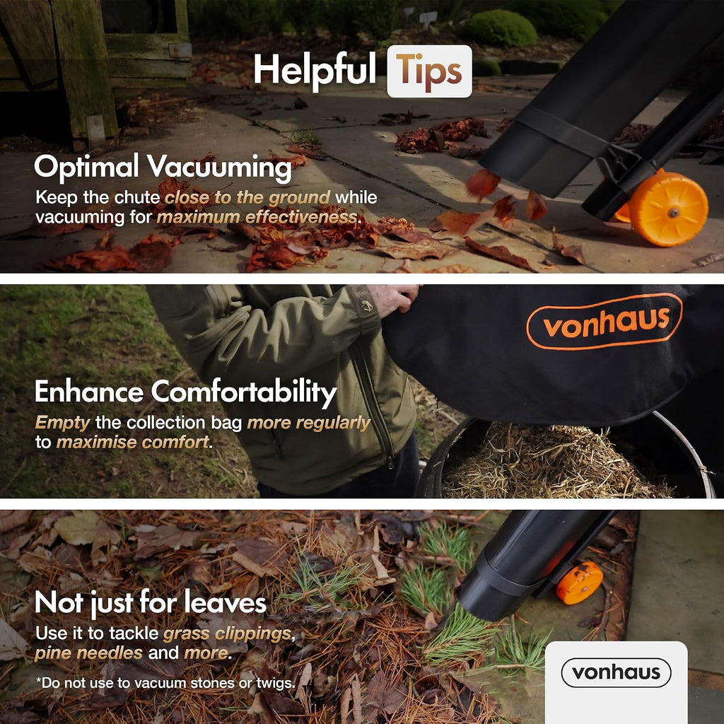 VonHaus Leaf Blower and Vacuum Corded 3000W – 35L Bag, 10m Cable, Wheels