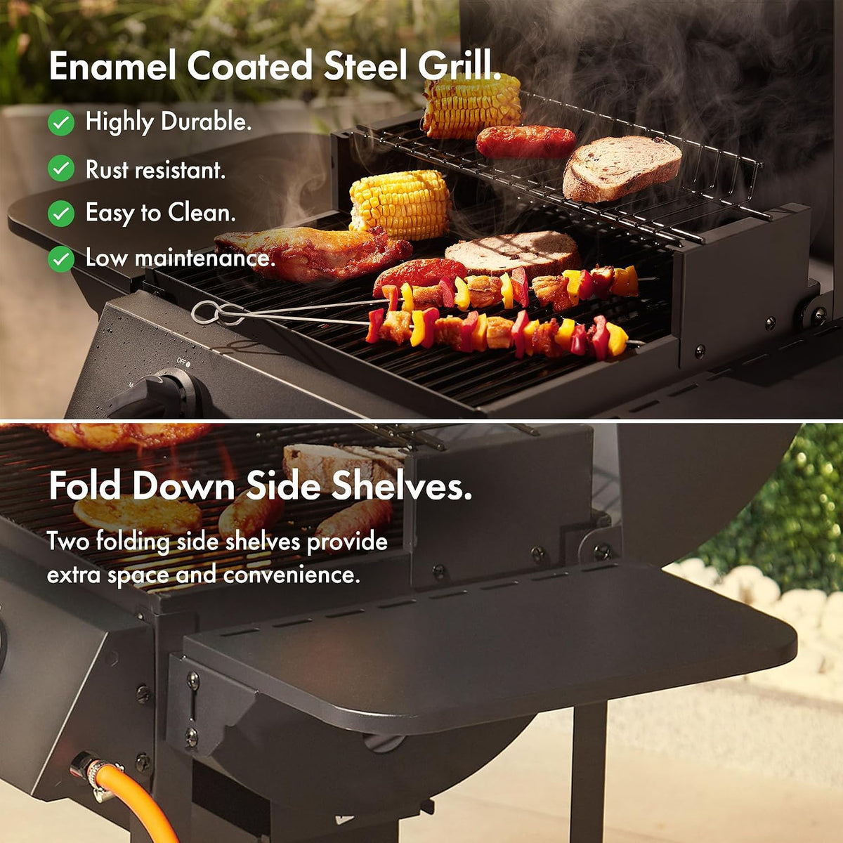 VonHaus Gas BBQ – Barbecue with x2 Gas Burners, Warming Rack, Fold Down Shelves, Temperature Gauge, Wheels, Large Cooking Grill & More – Barbeque that can Grill Meat, Fish & Vegetables