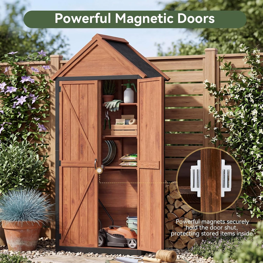 Aoxun Tall Wooden Garden Cabinet 70x38x166cm, 3 Shelves and Asphalt Roof