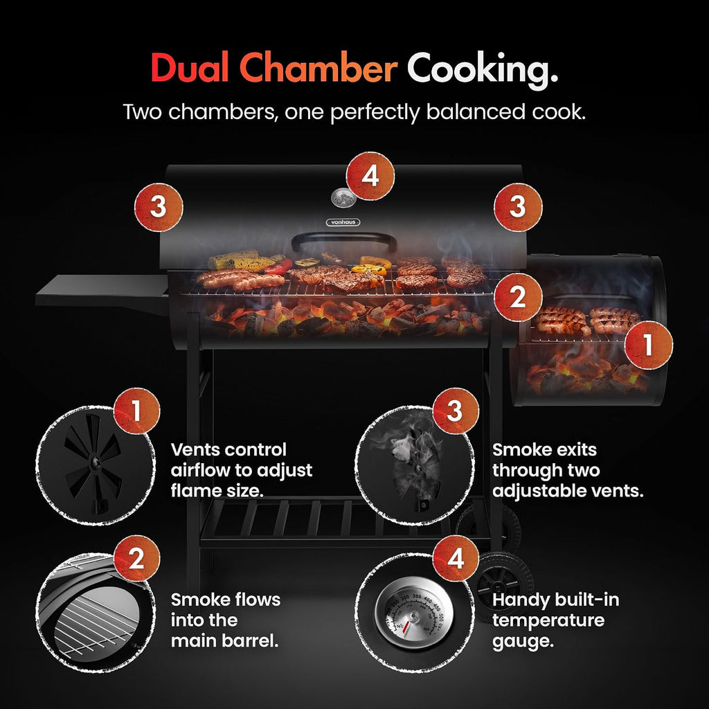 VonHaus Charcoal BBQ – Portable Barrel Barbecue with Offset Smoker, Temperature Gauge, Wheels, Large Cooking Grill, Air Vents – 2 in 1 Barbeque and Smoker – Grill Meat, Fish & Vegetables