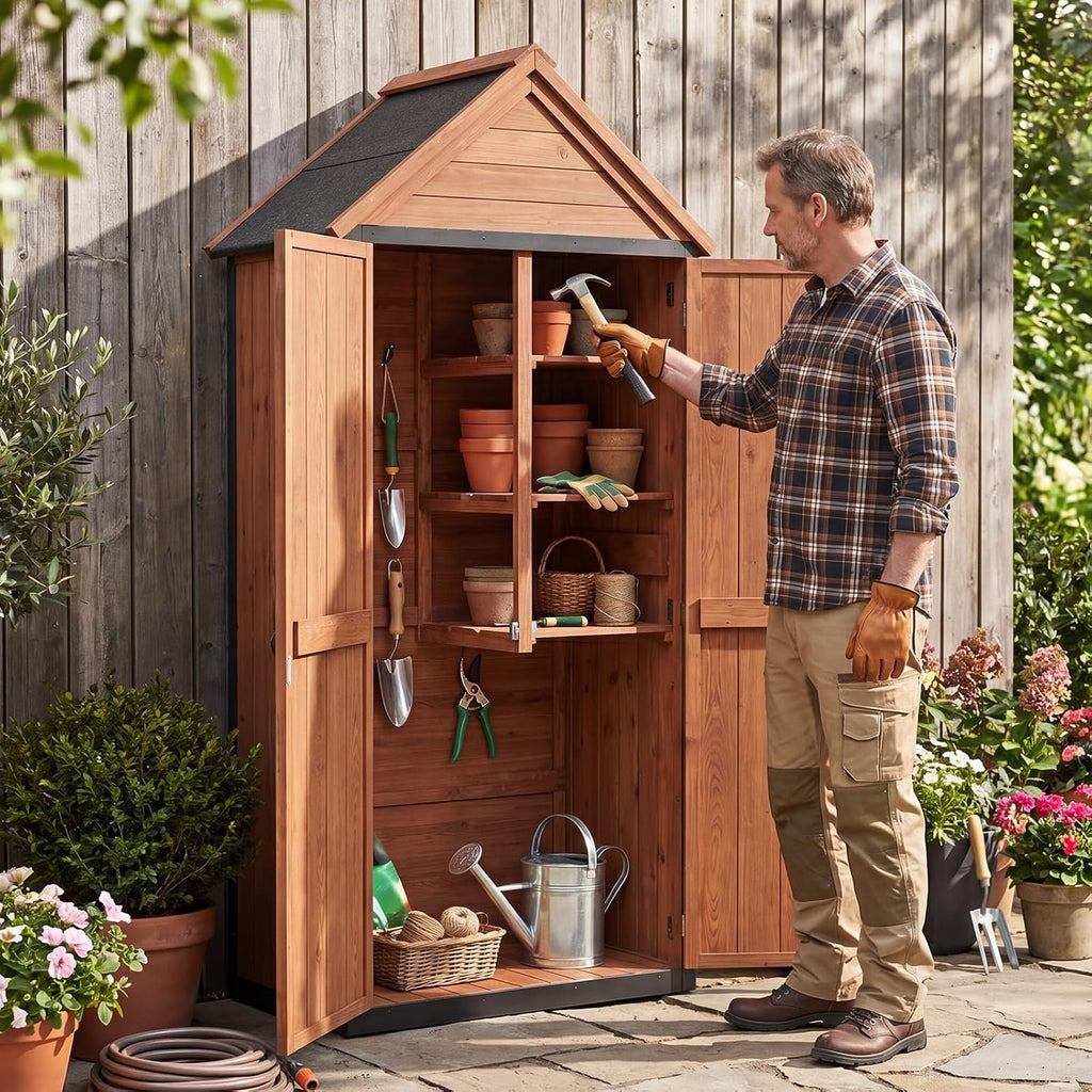 Aoxun Tall Wooden Garden Cabinet 70x38x166cm, 3 Shelves and Asphalt Roof