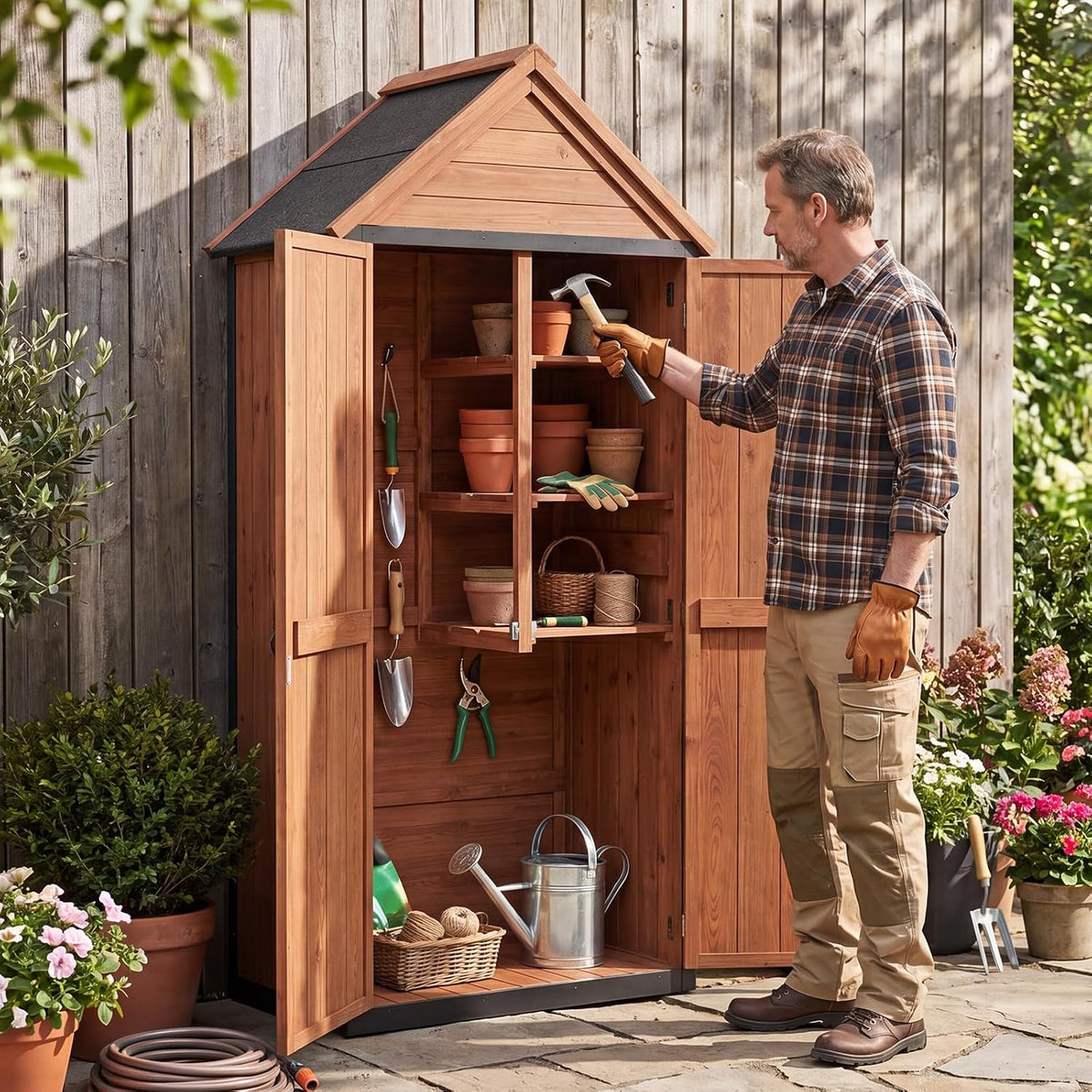 Aoxun Tall Wooden Garden Cabinet 70x38x166cm, 3 Shelves and Asphalt Roof