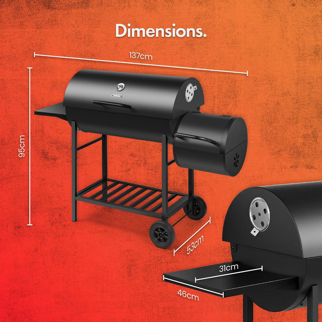 VonHaus Charcoal BBQ – Portable Barrel Barbecue with Offset Smoker, Temperature Gauge, Wheels, Large Cooking Grill, Air Vents – 2 in 1 Barbeque and Smoker – Grill Meat, Fish & Vegetables