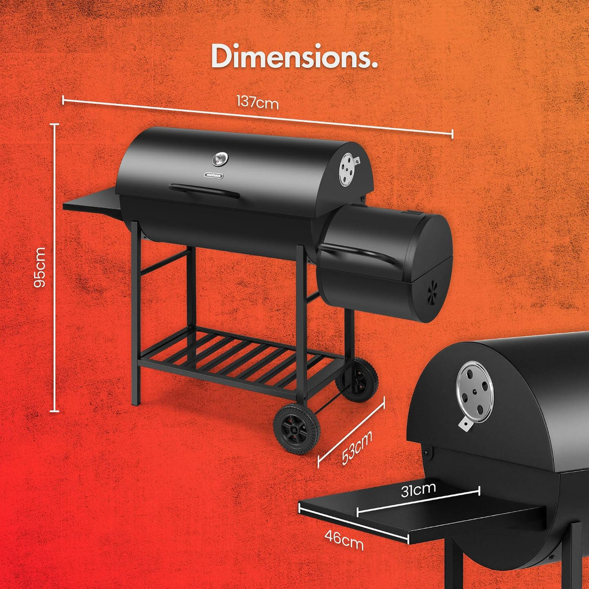 VonHaus Charcoal BBQ – Portable Barrel Barbecue with Offset Smoker, Temperature Gauge, Wheels, Large Cooking Grill, Air Vents – 2 in 1 Barbeque and Smoker – Grill Meat, Fish & Vegetables