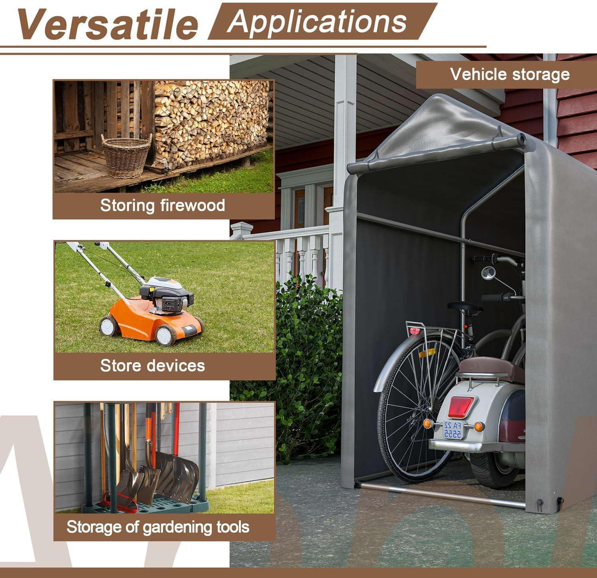 BIRCHTREE 1.8M*1M Garden Waterproof Anti-UV Bike Storage Tent Bicycle Motorcycle Shed Shelter Outdoor Backyard Steel Frame PE Cover Zipper Door Small Grey