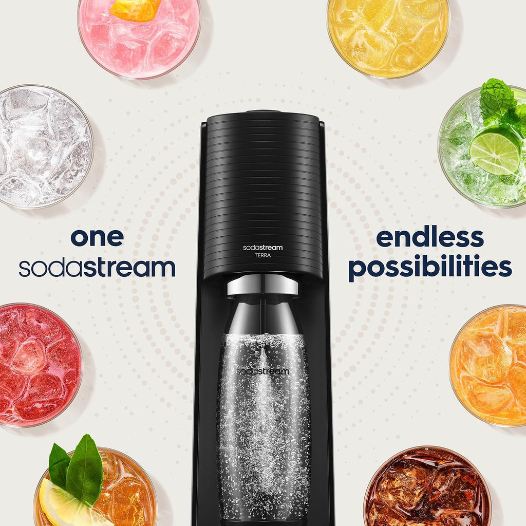 SodaStream - Terra Sparkling Water Maker starter bundle, Quick Connect CO2 System, Includes 60L Gas Cylinder, 1 x 440ml Pepsi Max, BPA-Free 1L Bottle, Eco-Friendly & Reduces Plastic Waste, Black