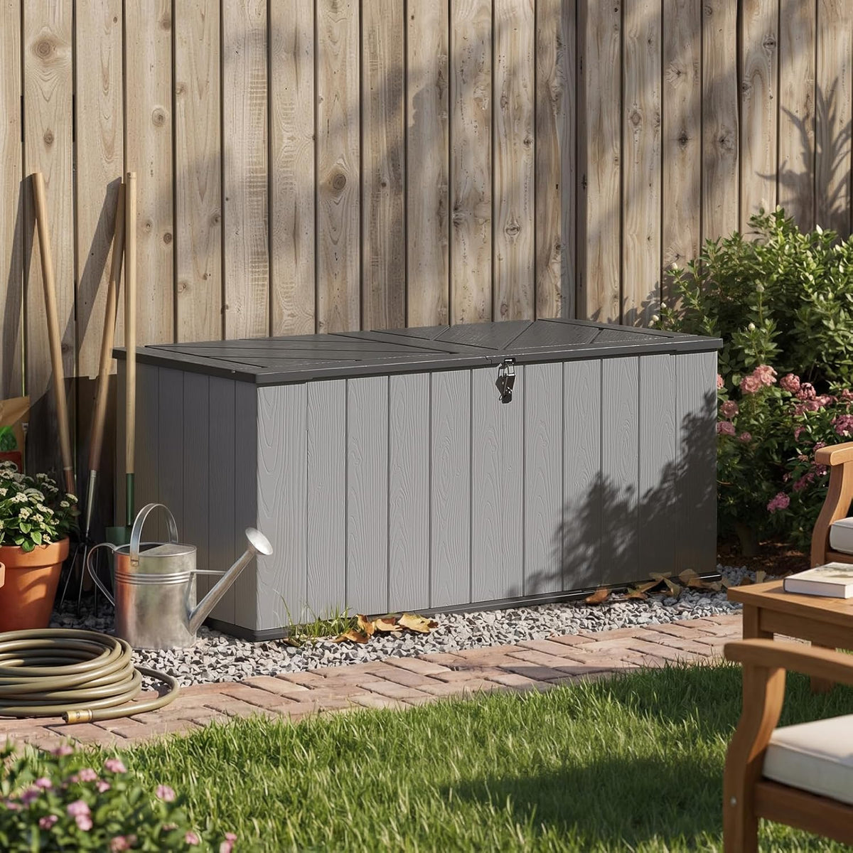 Aoxun Outdoor Deck Box 600L, Large Resin Outdoor Storage Box with Lid, Waterproof & UV-Resistant Garden Storage for Cushions, Tools, and Pool Accessories 4.7x2.2FT(Grey)