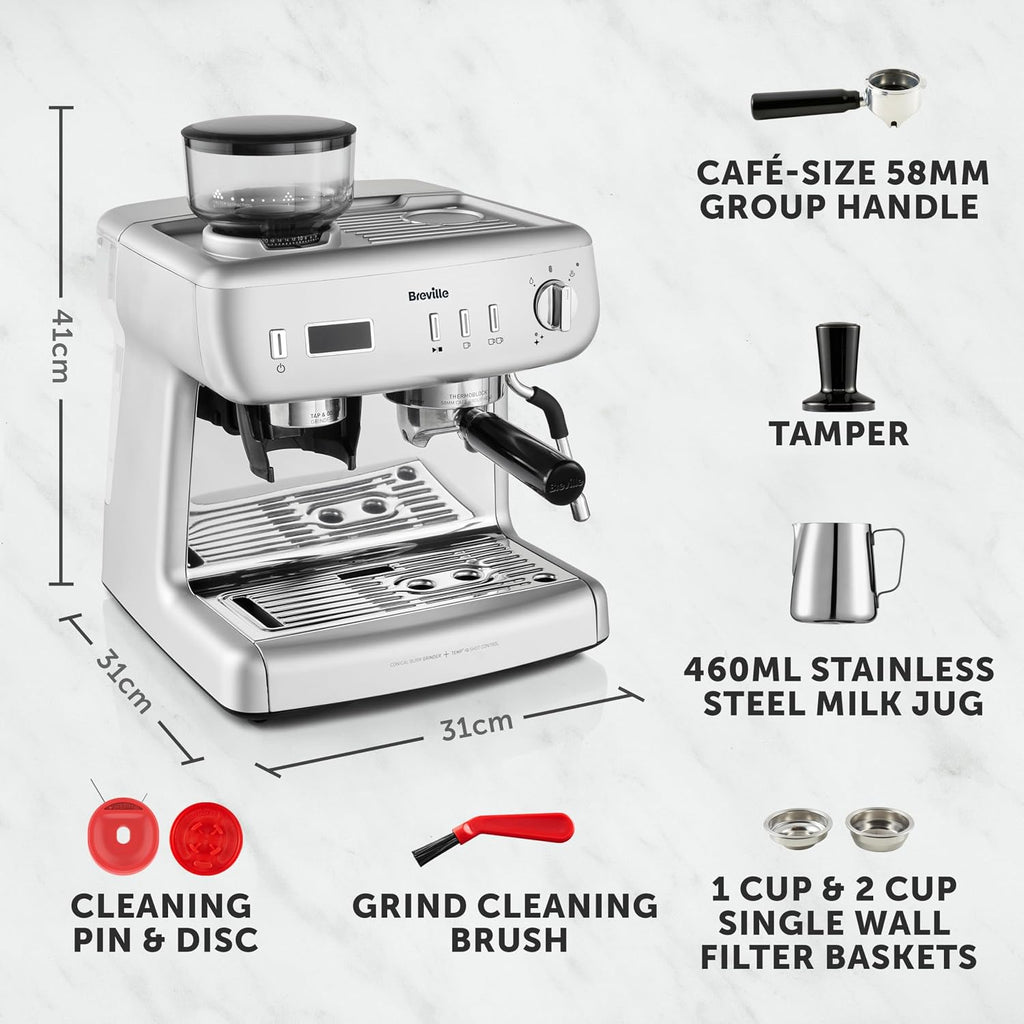 Breville Barista Max+ Espresso | Latte & Cappuccino Coffee Machine | Intelligent Grind & Dosage | Precision Extraction Timer | Integrated Milk Frother | 15 Bar Italian Pump | Silver [VCF153]