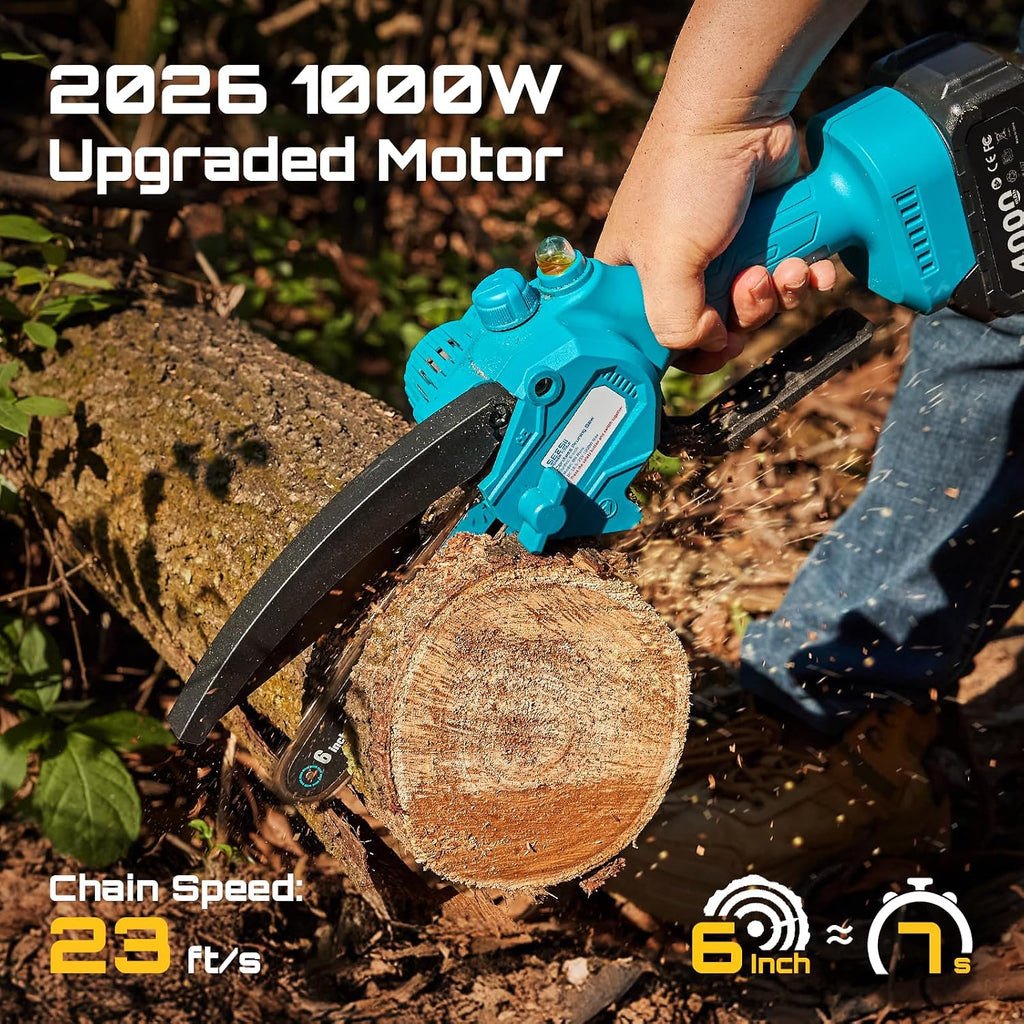 SEESII Mini Chainsaw Cordless 6 Inch with 2×4000mAh Batteries