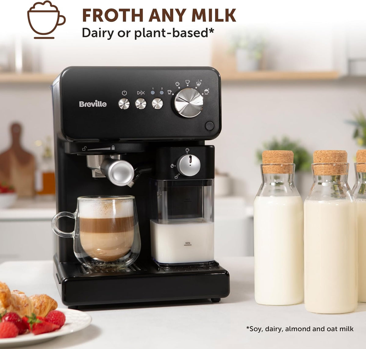 Breville Prima Latte One-Touch Espresso Maker | Auto Milk Frother | Coffee Machine for CappuccinosLattes & More | 15 Bar Italian Pump | Black | VCF183