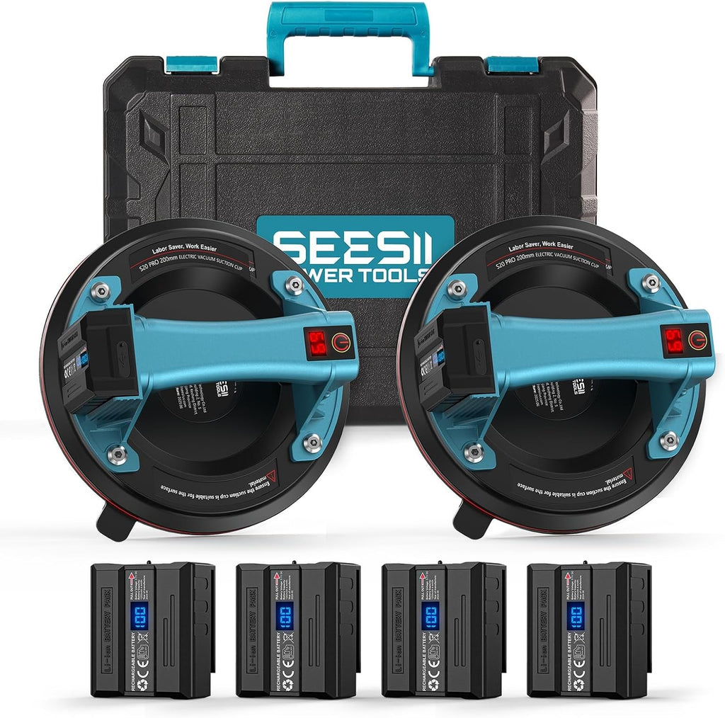 SEESII Electric Tile Suction Cup Lifters, 8-Inch Battery Glass Suckers Lifters with 4x 2400mAh Batteries, LED Display, 600 LBS Max Load Heavy-Duty Vacuum Suction Cups for Tile/Window/Granite