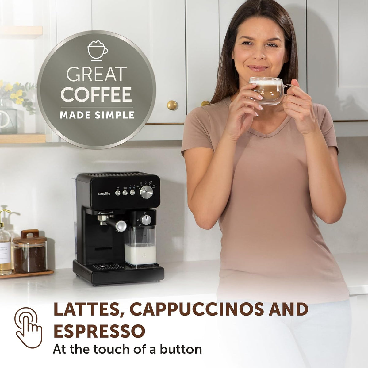 Breville Prima Latte One-Touch Espresso Maker | Auto Milk Frother | Coffee Machine for CappuccinosLattes & More | 15 Bar Italian Pump | Black | VCF183