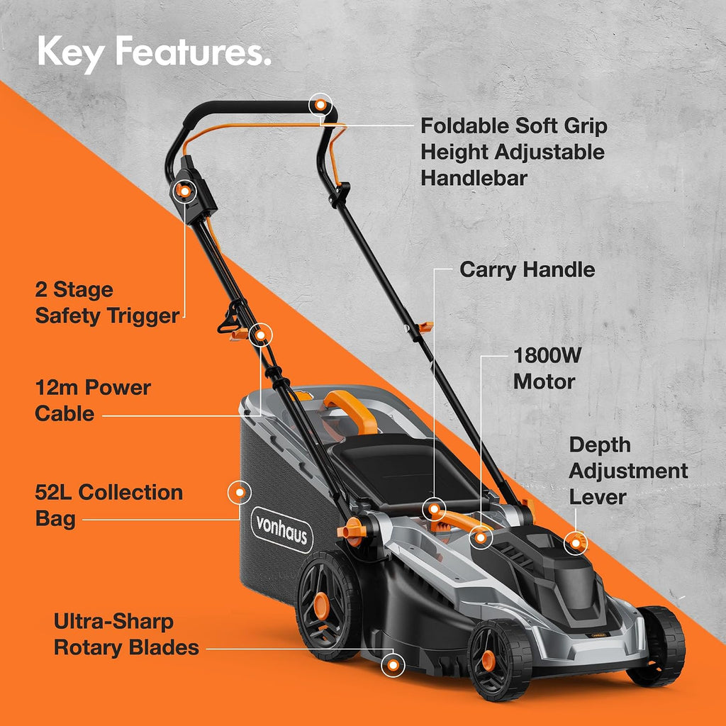 VonHaus Lawnmower Corded 1800W – 52L Box, 12m Cable, Mulching Attachment