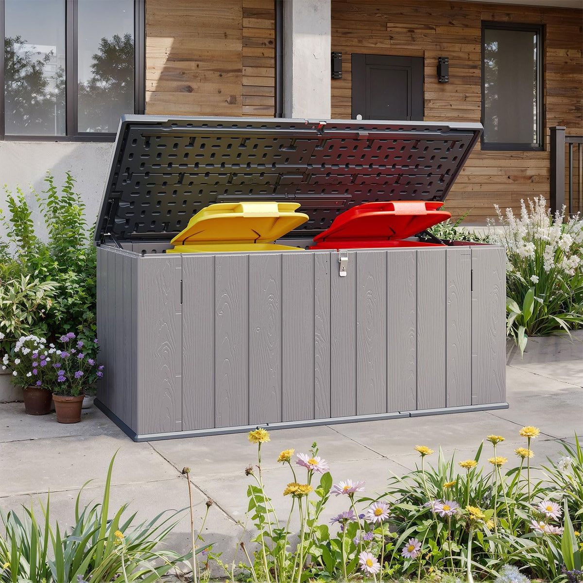 Aoxun Outdoor Deck Box 600L, Large Resin Outdoor Storage Box with Lid, Waterproof & UV-Resistant Garden Storage for Cushions, Tools, and Pool Accessories 4.7x2.2FT(Grey)
