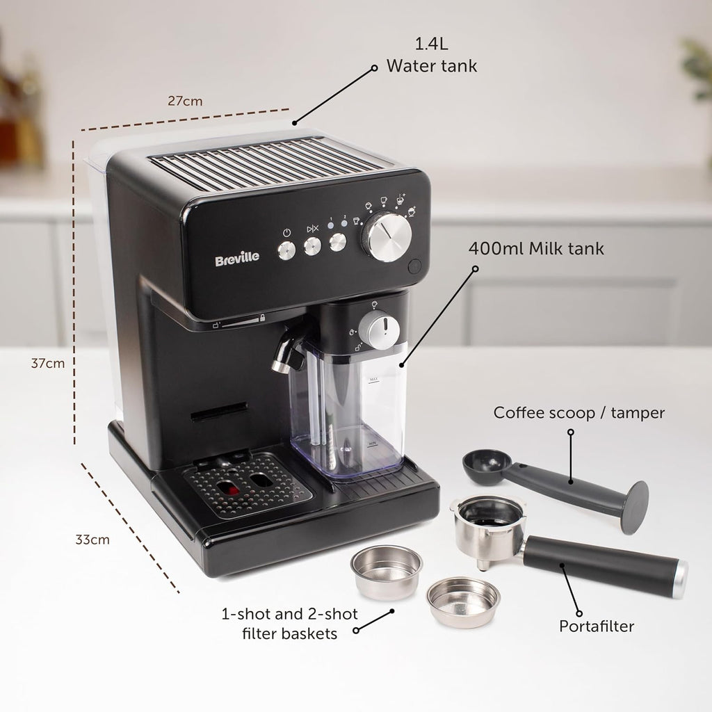 Breville Prima Latte One-Touch Espresso Maker | Auto Milk Frother | Coffee Machine for CappuccinosLattes & More | 15 Bar Italian Pump | Black | VCF183