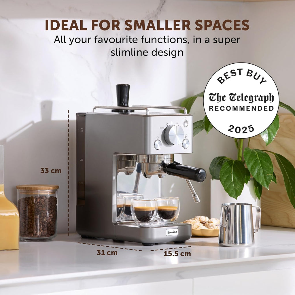 Breville Barista Slimline Espresso Machine, 15 Bar Pump, Integrated Milk Frother, Compact Design, Silver [VCF185]