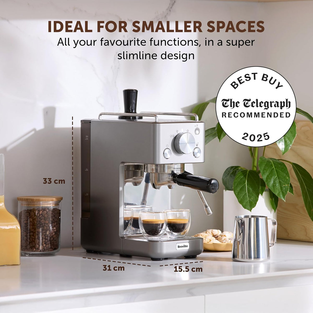 Breville Barista Slimline Espresso Machine, 15 Bar Pump, Integrated Milk Frother, Compact Design, Silver [VCF185]